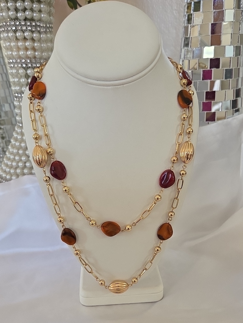 Gold-Tone Multi Strand Necklace with Burgundy & Amber Resin Beads